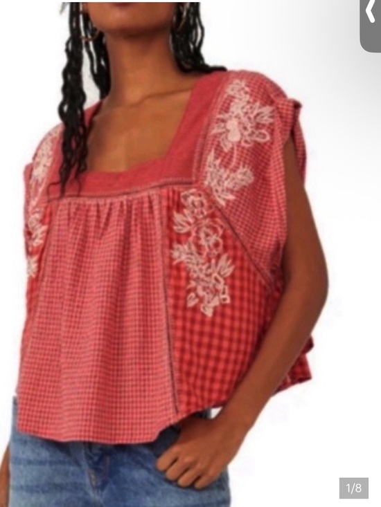 Free People Tops - We The Free Free People half moon Embroidered red gingham Top Cotton blend XS
